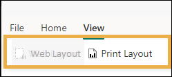 View tab with a yellow highlight box around the Web layout and Print layout options. 